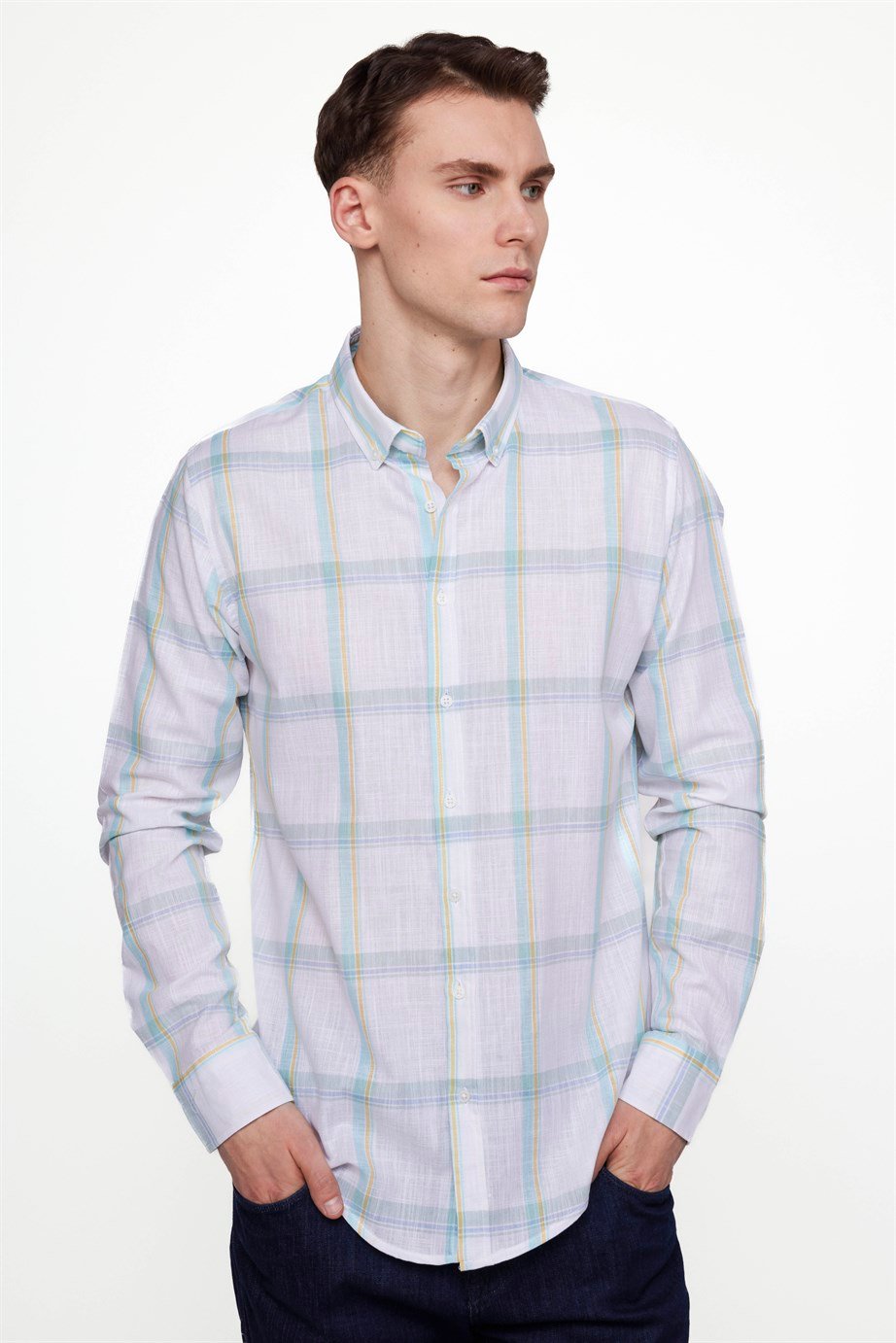 Slim Fit Uzun Kol Kareli Yaka Düğmeli Ketenli Erkek Gömlek