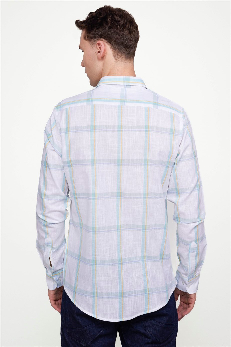 Slim Fit Uzun Kol Kareli Yaka Düğmeli Ketenli Erkek Gömlek