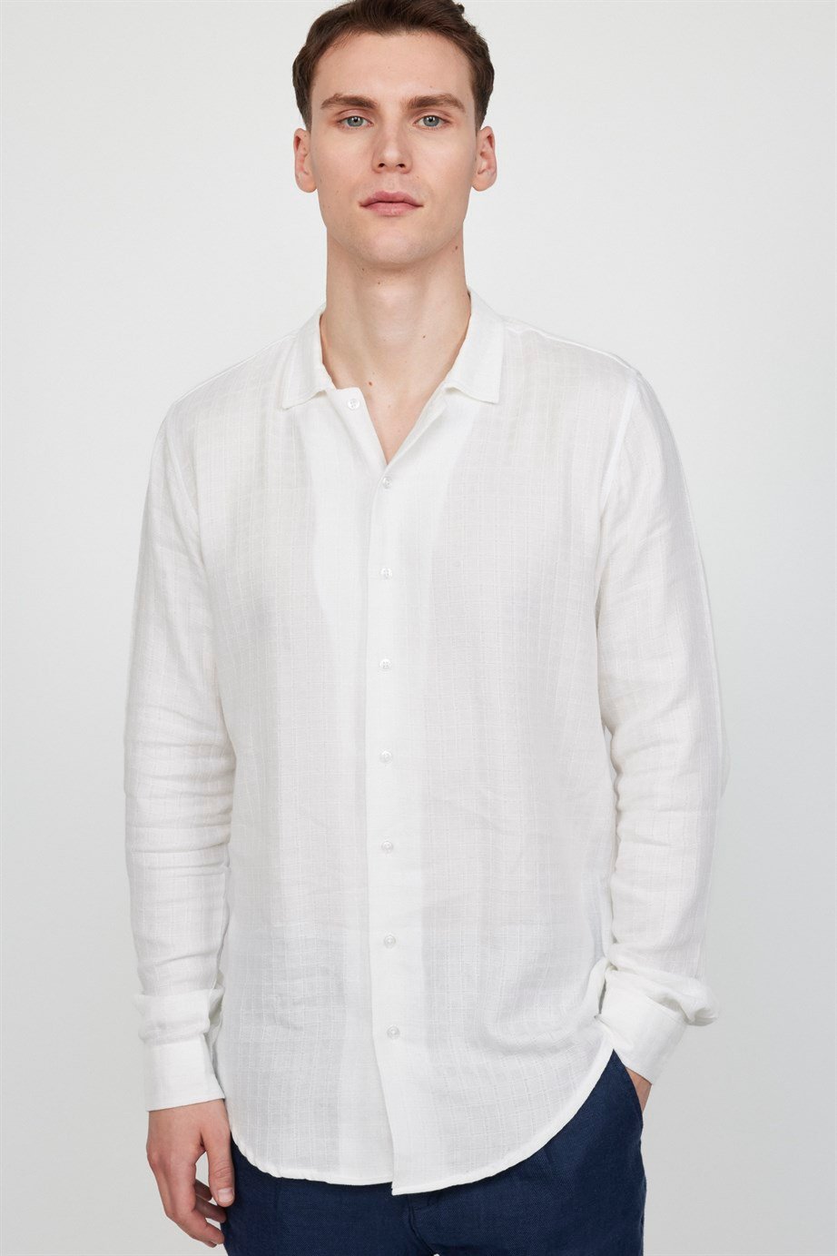 Slim Fit Uzun Kol Desenli Müslim Kumaş Apaj Yaka Gömlek