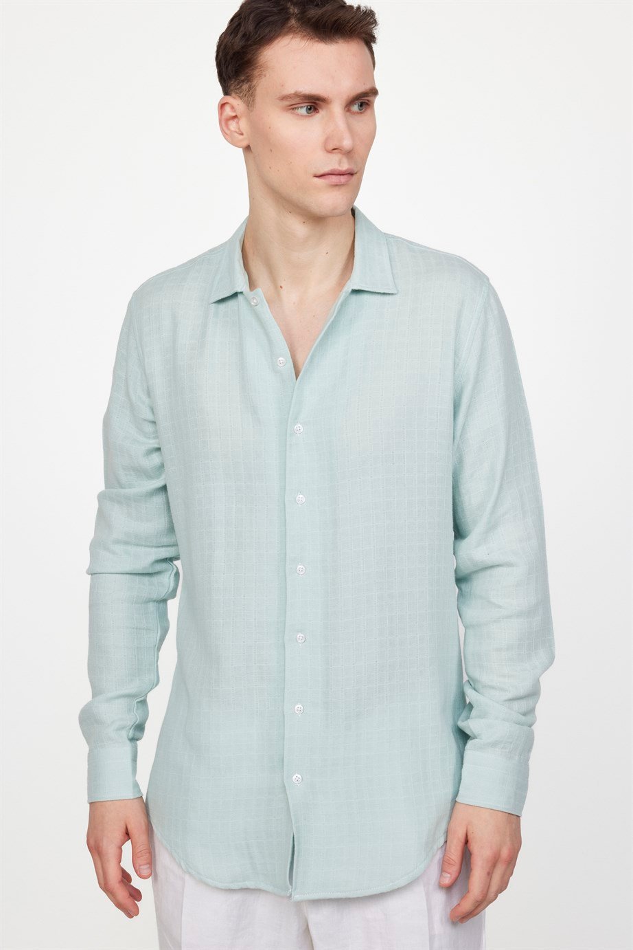 Slim Fit Uzun Kol Desenli Müslim Kumaş Apaj Yaka Gömlek