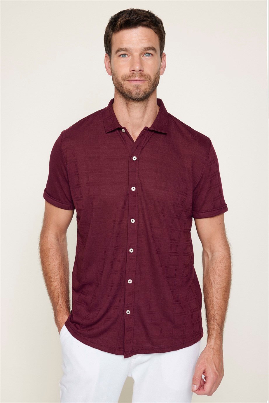 Erkek Slim Fit Kısa Kollu Desenli  Örme Gömlek