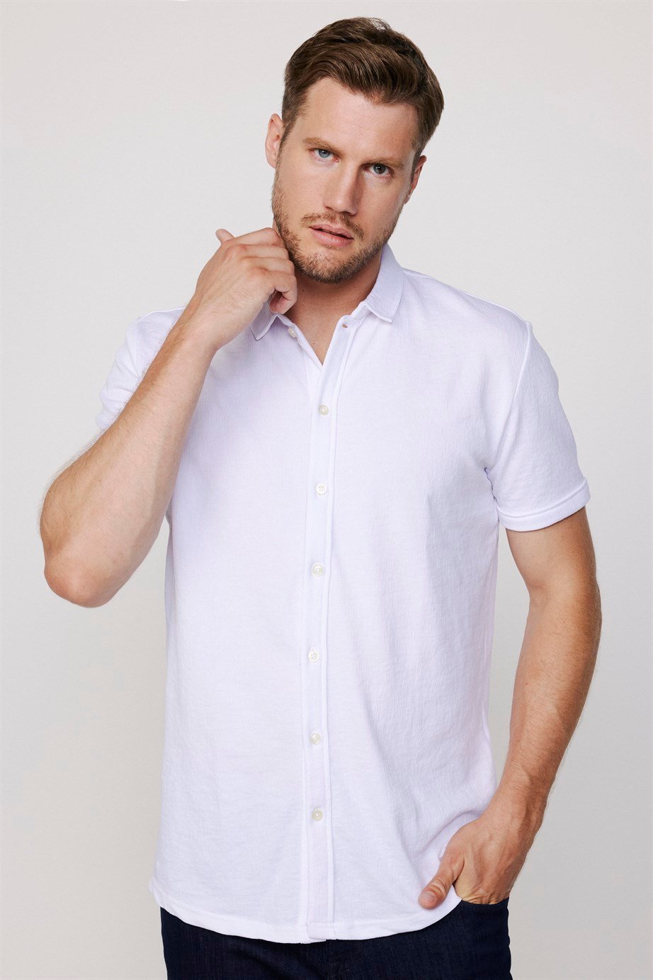 Erkek Slim Fit Kısa Kollu Desenli  Örme  Gömlek