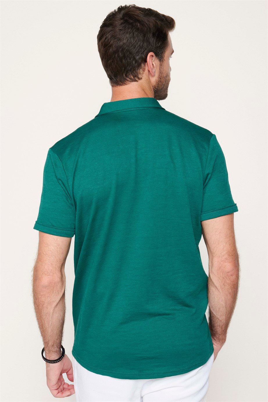 Erkek Slim Fit Kısa Kollu Desenli Örme Yeşil Gömlek