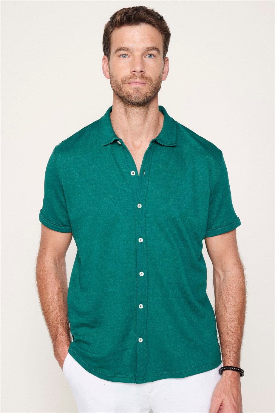 Erkek Slim Fit Kısa Kollu Desenli Örme Yeşil Gömlek
