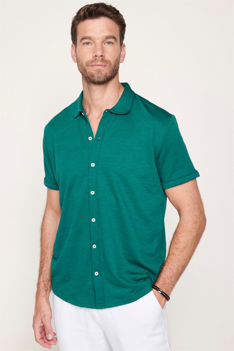 Erkek Slim Fit Kısa Kollu Desenli Örme Yeşil Gömlek