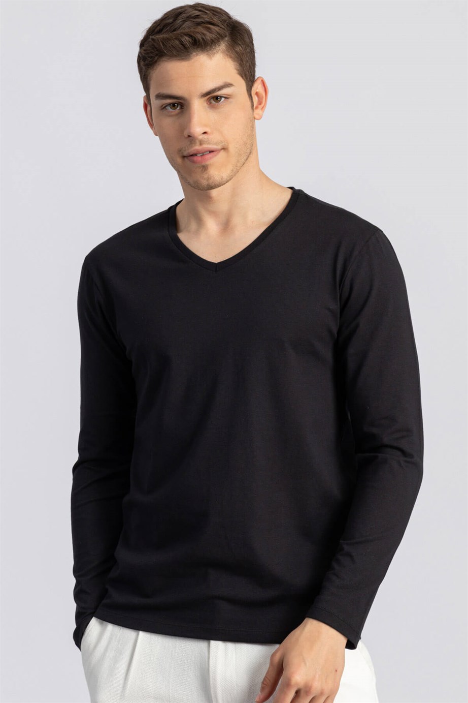 LONG SLV PLAIN V-NECK   T-SHIRT 90/1 SLIM FIT T-SHIRT