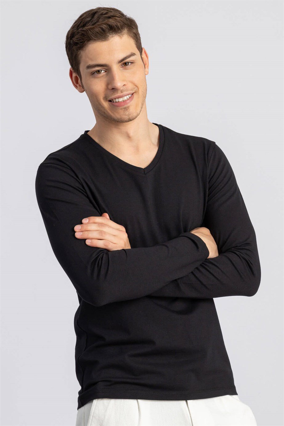 LONG SLV PLAIN V-NECK   T-SHIRT 90/1 SLIM FIT T-SHIRT