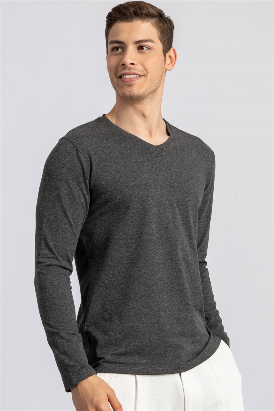 LONG SLV PLAIN V-NECK   T-SHIRT 90/1 SLIM FIT T-SHIRT