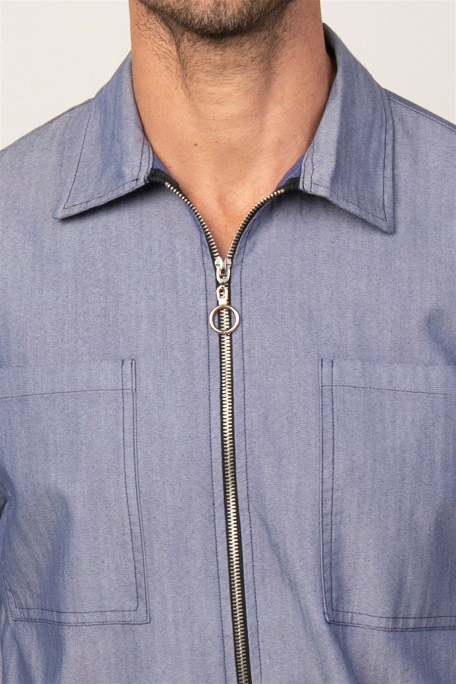 Relax Fit Rahat Kalıp Denim Parça Boyalı Çift Cep Fermuarlı Erkek Gömlek