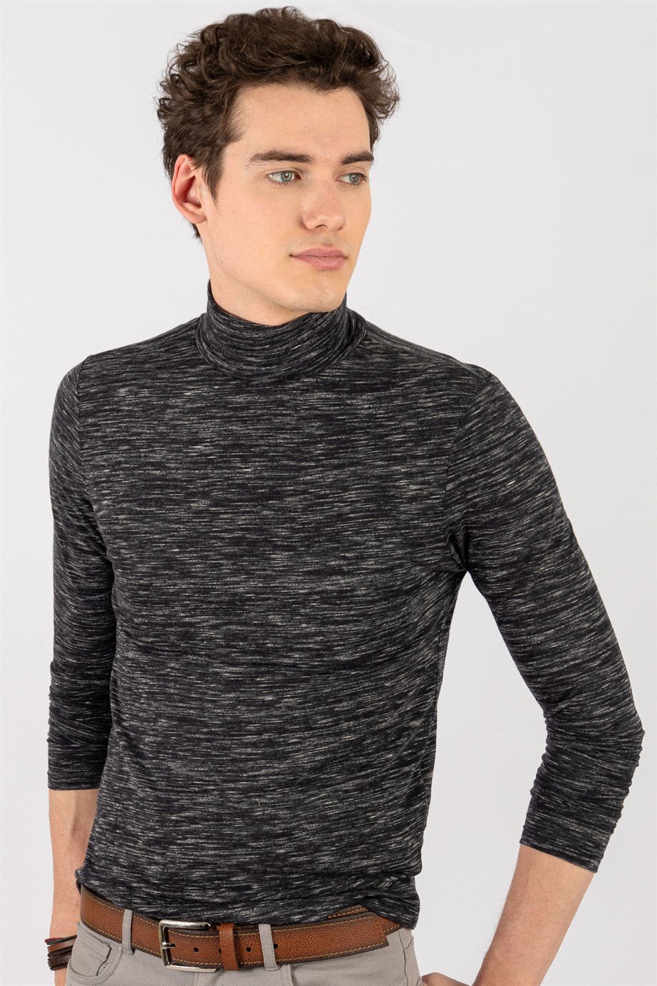 Slim Fit Dar Kesim Tam Balıkçı Yaka Desenli İnce Erkek Sweatshirt