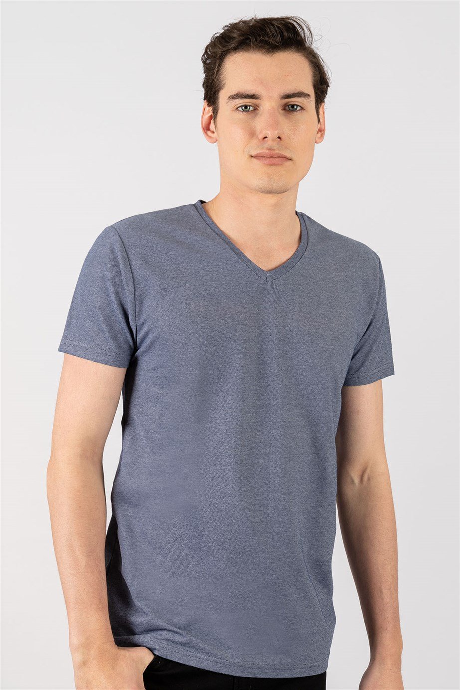 Slim Fit Dar Kesim V Yaka Oxford Erkek T-Shirt