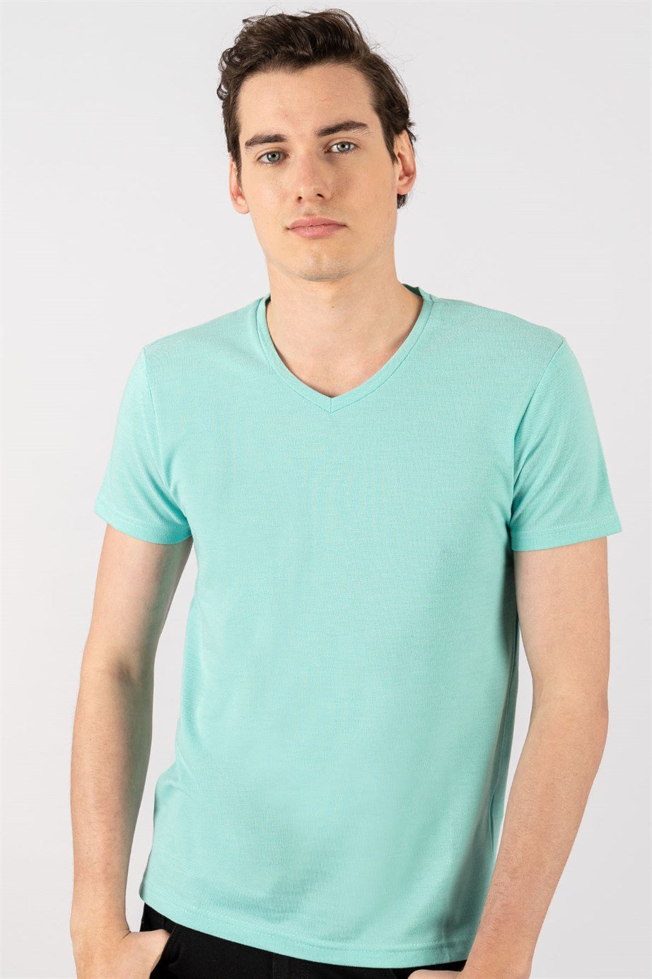 Slim Fit Dar Kesim V Yaka Oxford Erkek T-Shirt
