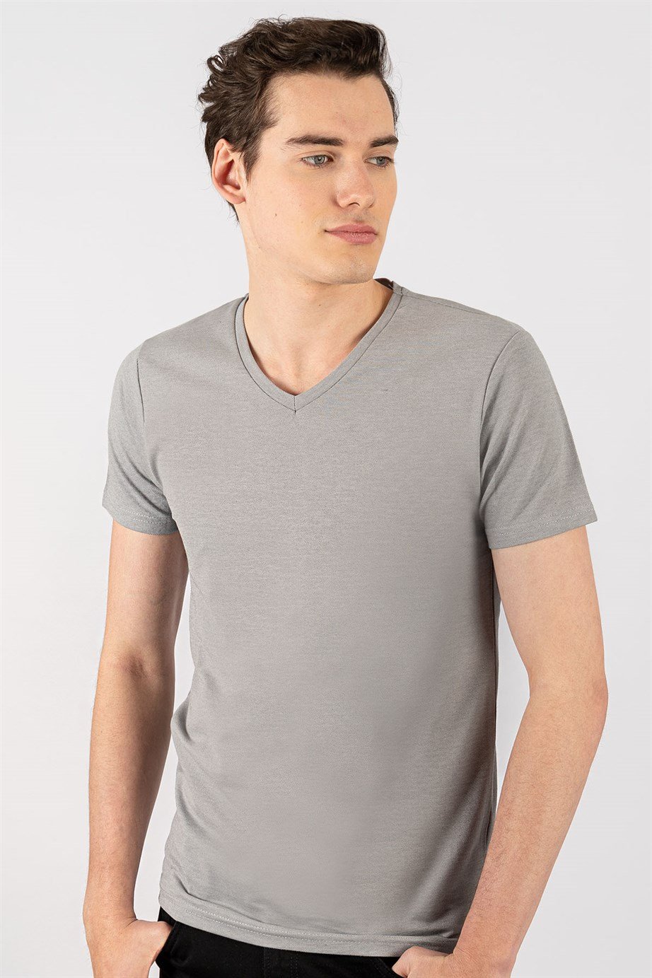 Slim Fit Dar Kesim V Yaka Oxford Erkek T-Shirt