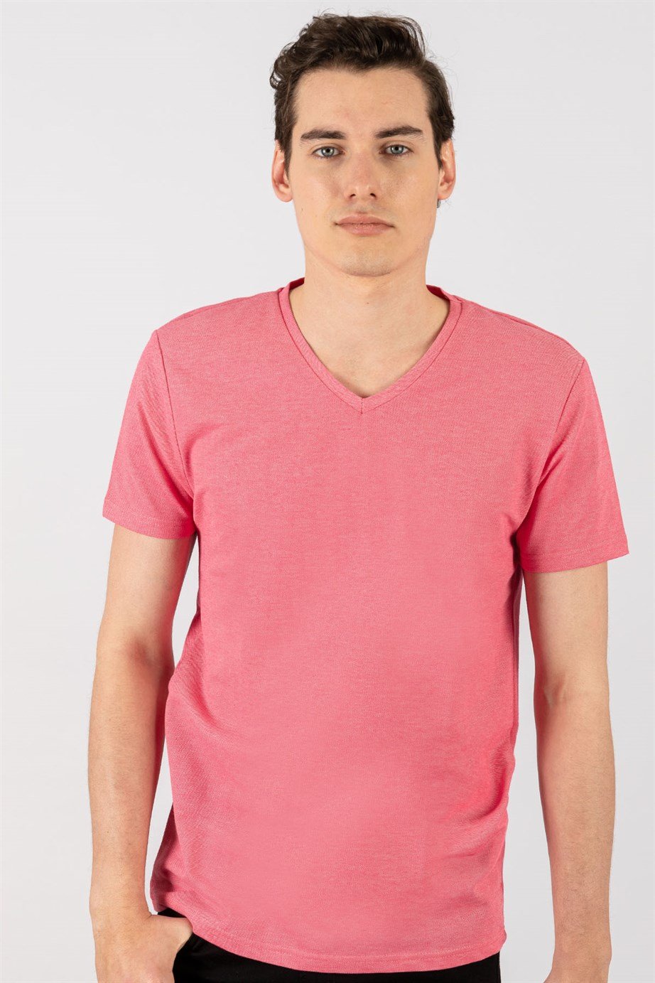 Slim Fit Dar Kesim V Yaka Oxford Erkek T-Shirt