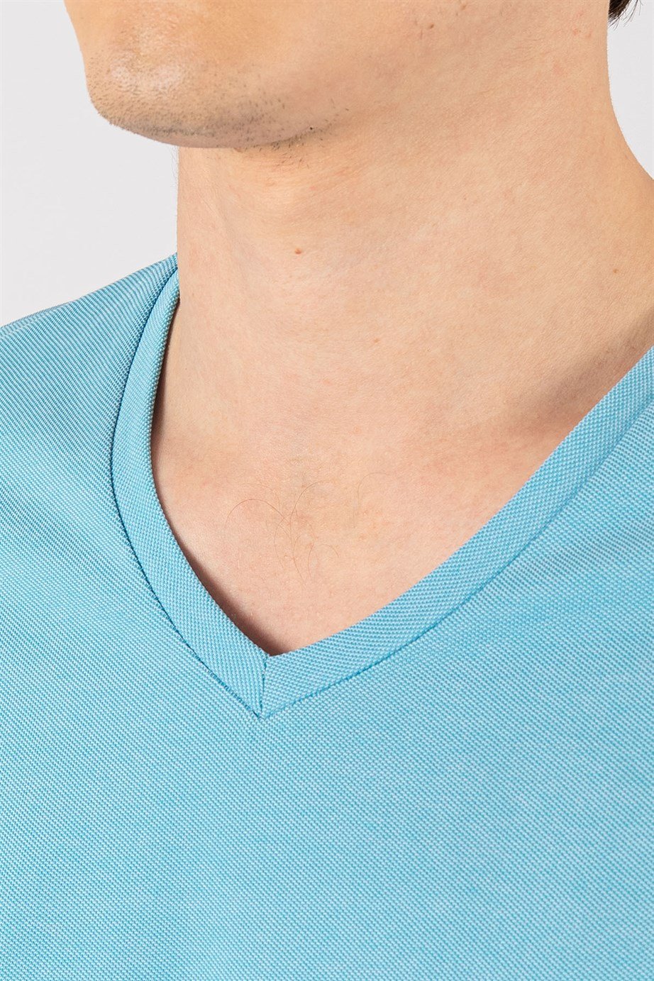 Slim Fit Dar Kesim V Yaka Oxford Erkek T-Shirt