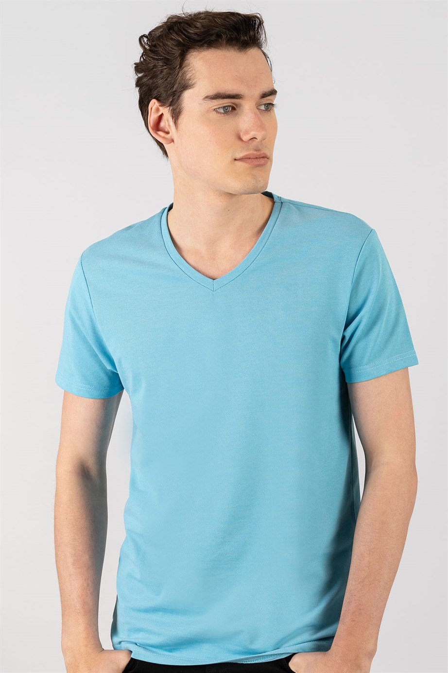 Slim Fit Dar Kesim V Yaka Oxford Erkek T-Shirt