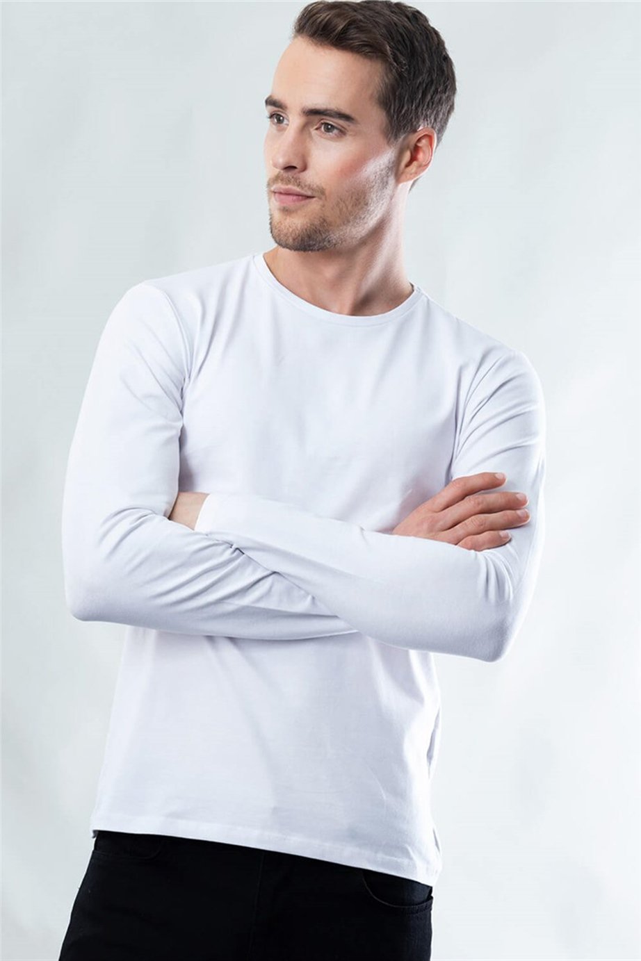 Slim Fit Dar Kesim Bisiklet Yaka Düz Basıc Uzun Kol Penye