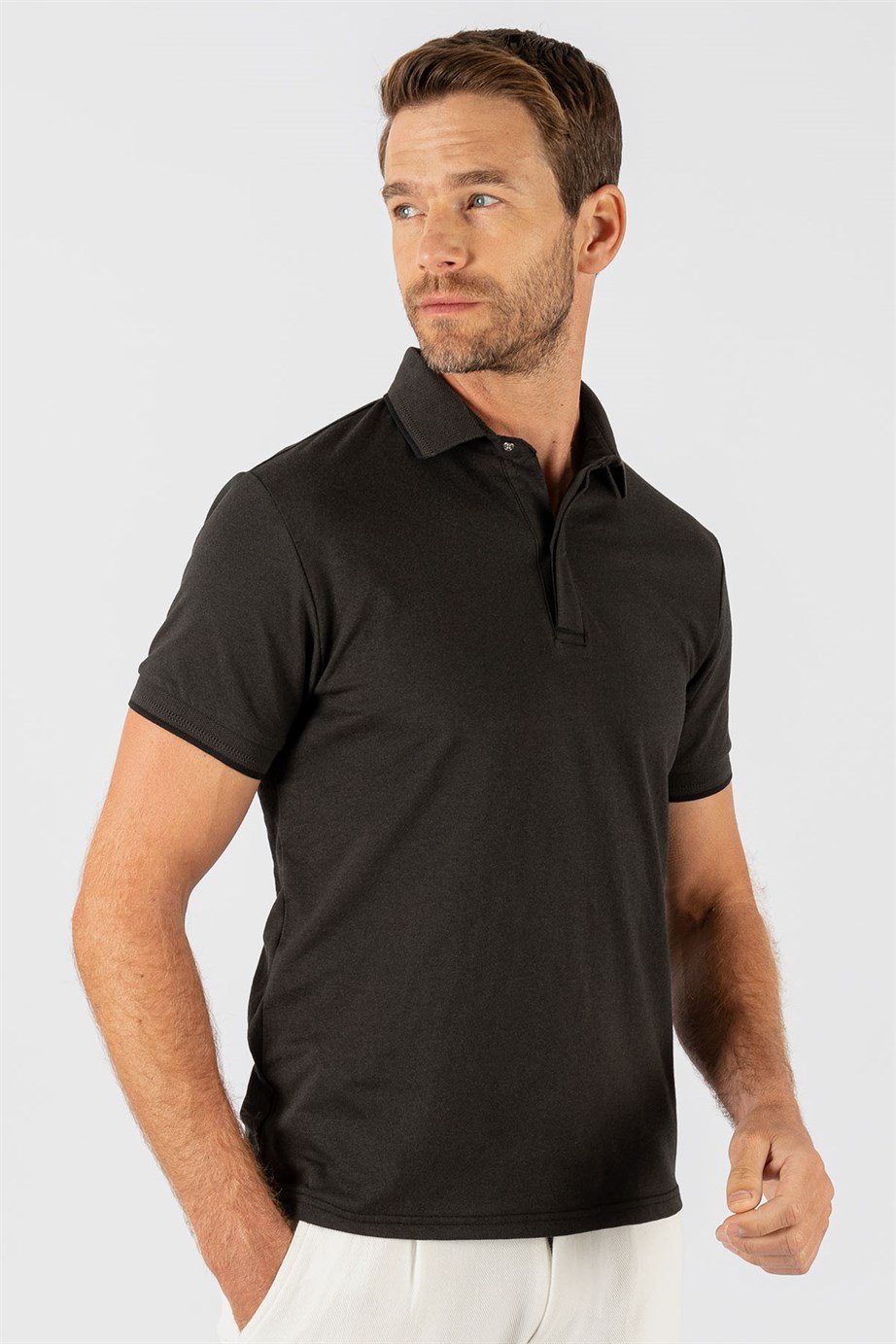 Slim Fit Dar Kesim Gizli Düğme, Çizgili Polo Yaka Erkek T-Shirt