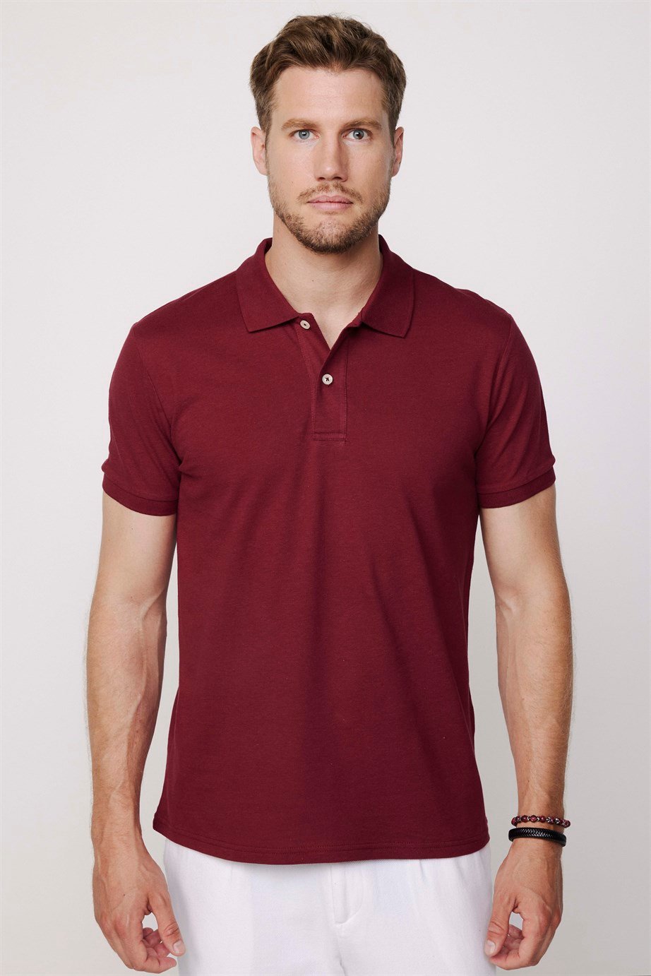 Erkek Polo Yaka Slim Fit Düz Pamuk Pike Kırmızı Tişört