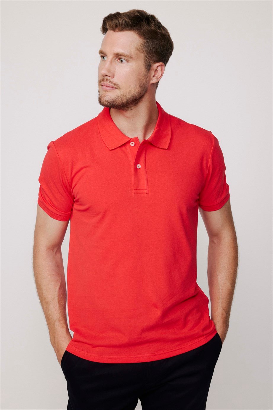 Erkek Polo Yaka Slim Fit Düz Pamuk Pike Kırmızı Tişört