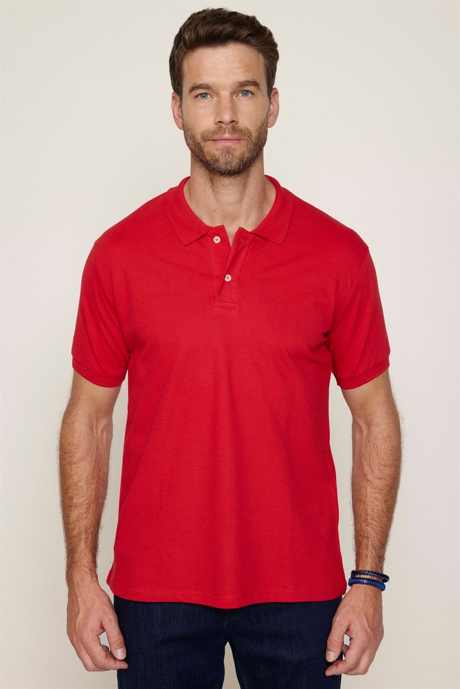 Erkek Polo Yaka Slim Fit Düz Pamuk Pike Kırmızı Tişört