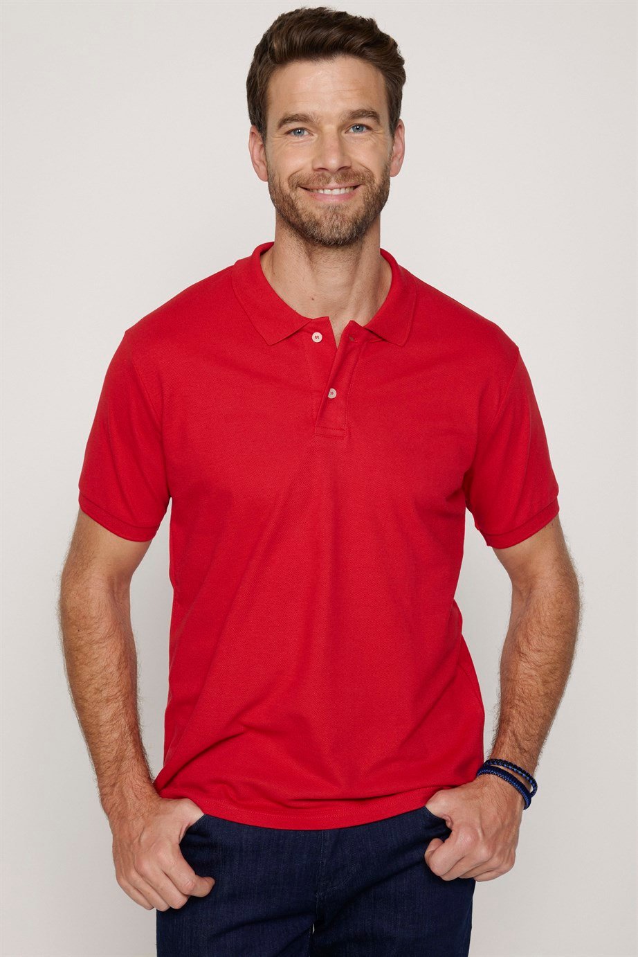 Erkek Polo Yaka Slim Fit Düz Pamuk Pike Kırmızı Tişört