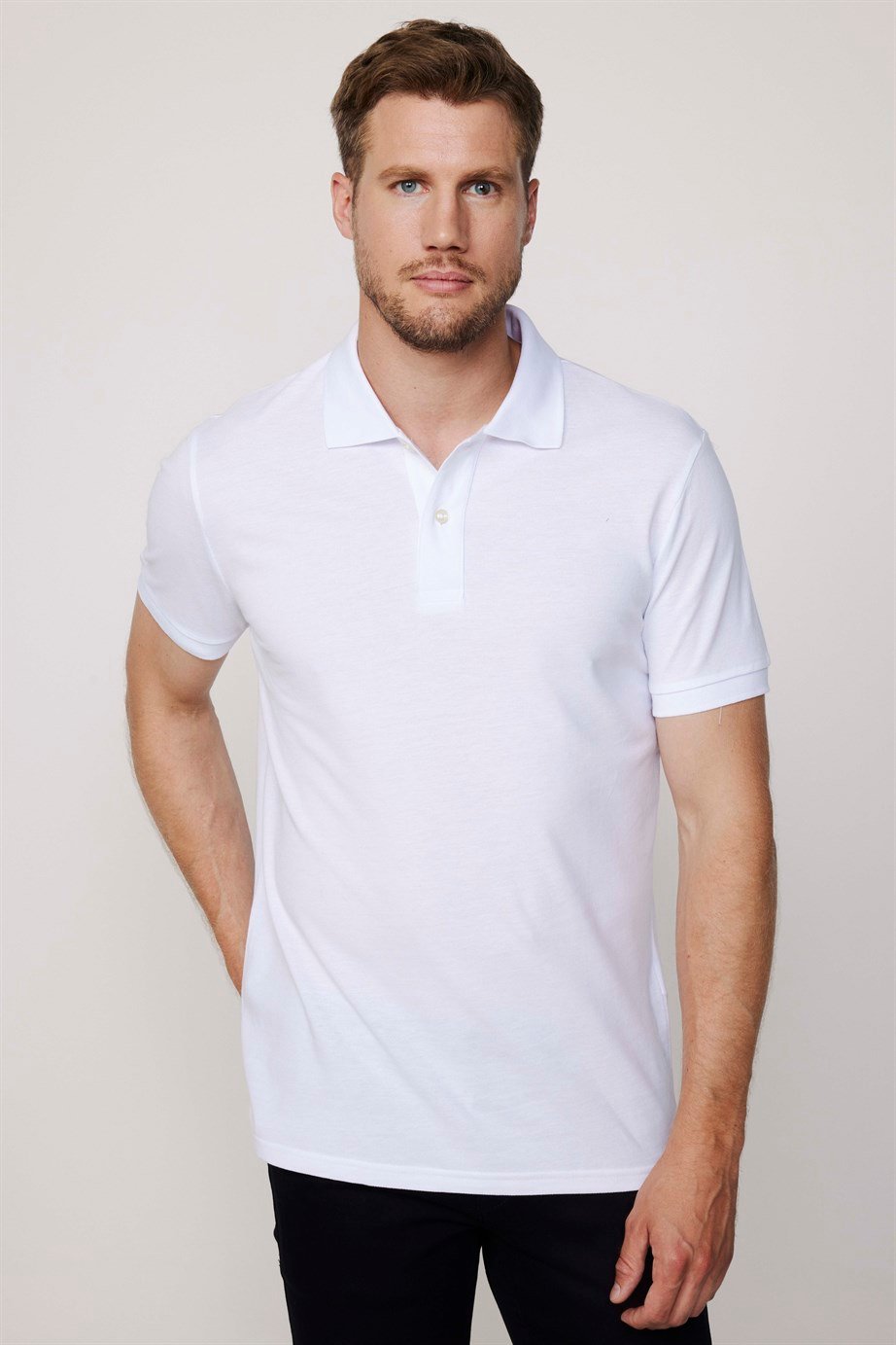 Erkek Polo Yaka Slim Fit Düz Pamuk Pike Beyaz Tişört