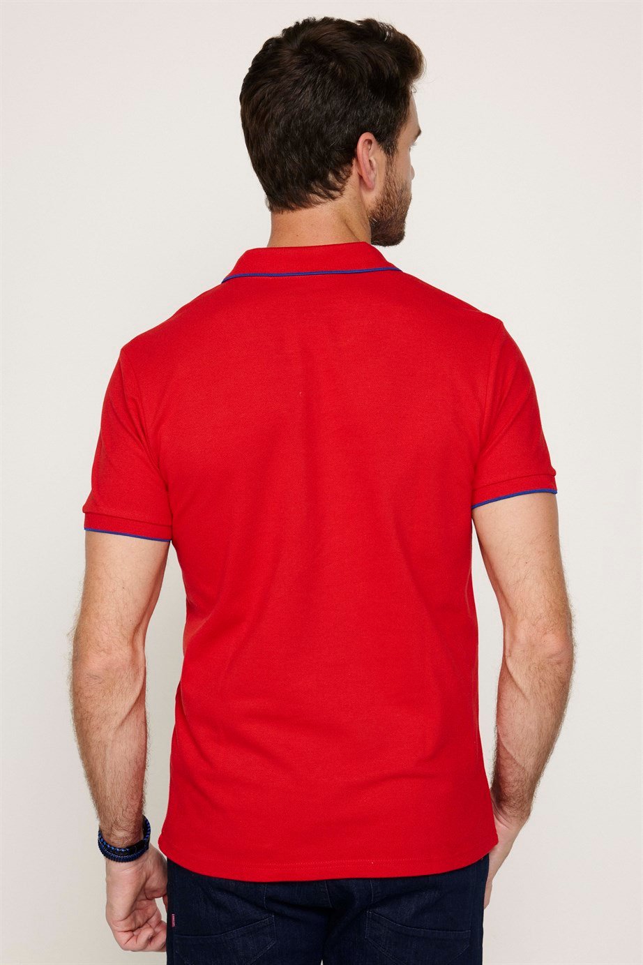 Erkek Polo V Yaka Slim Fit Düğmesiz Pamuk Pike Kırmızı Tişört