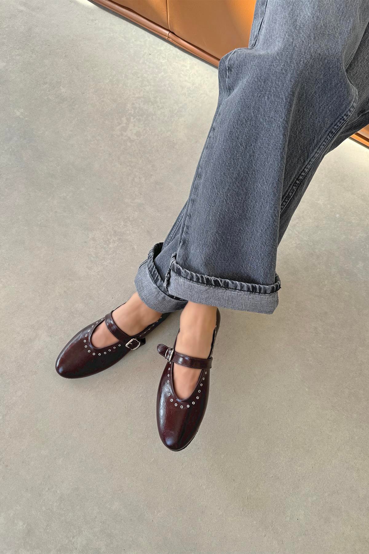 Abner  Kadın Drop Detay Kırışık Deri Babet Bordo