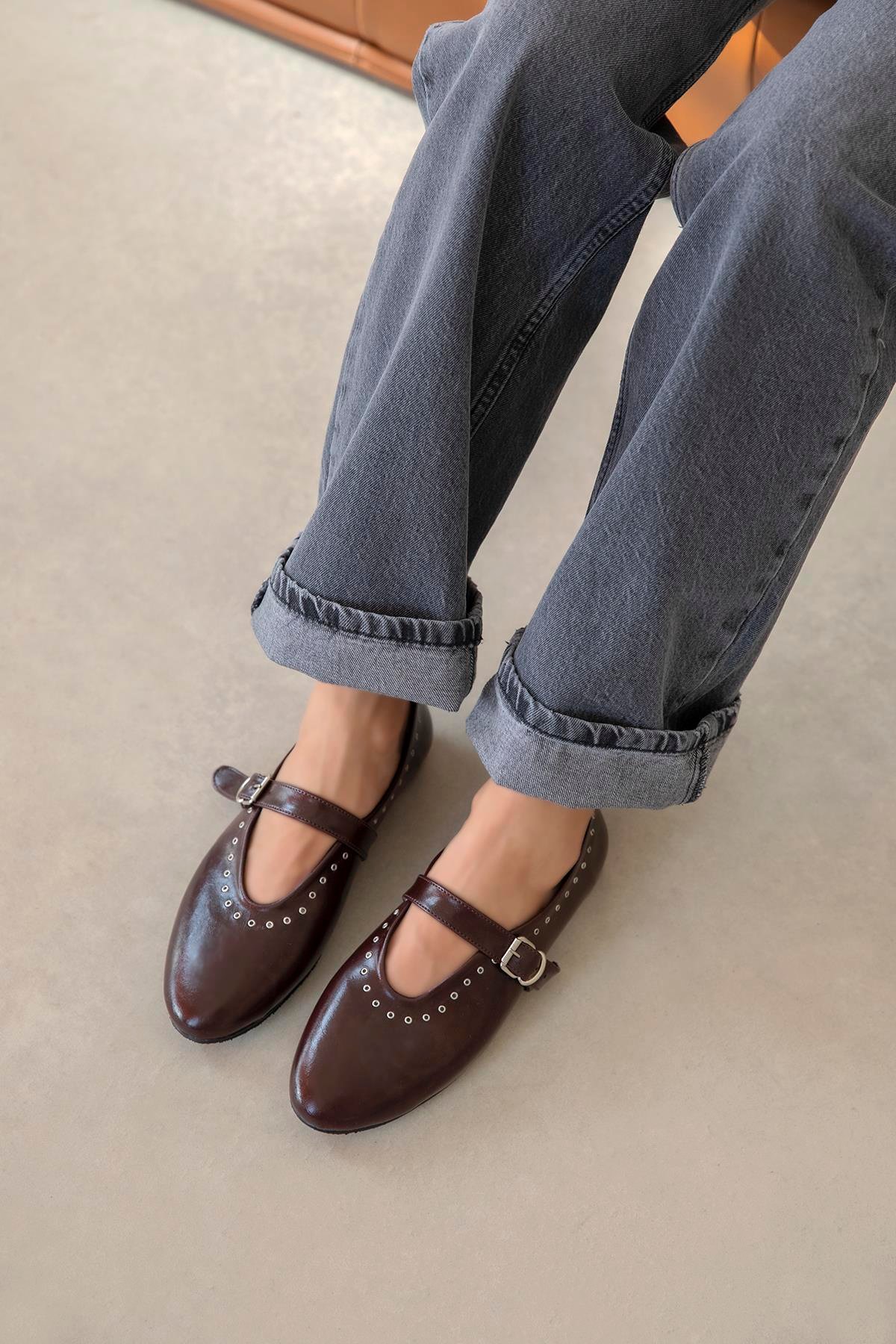 Abner  Kadın Drop Detay Kırışık Deri Babet Bordo