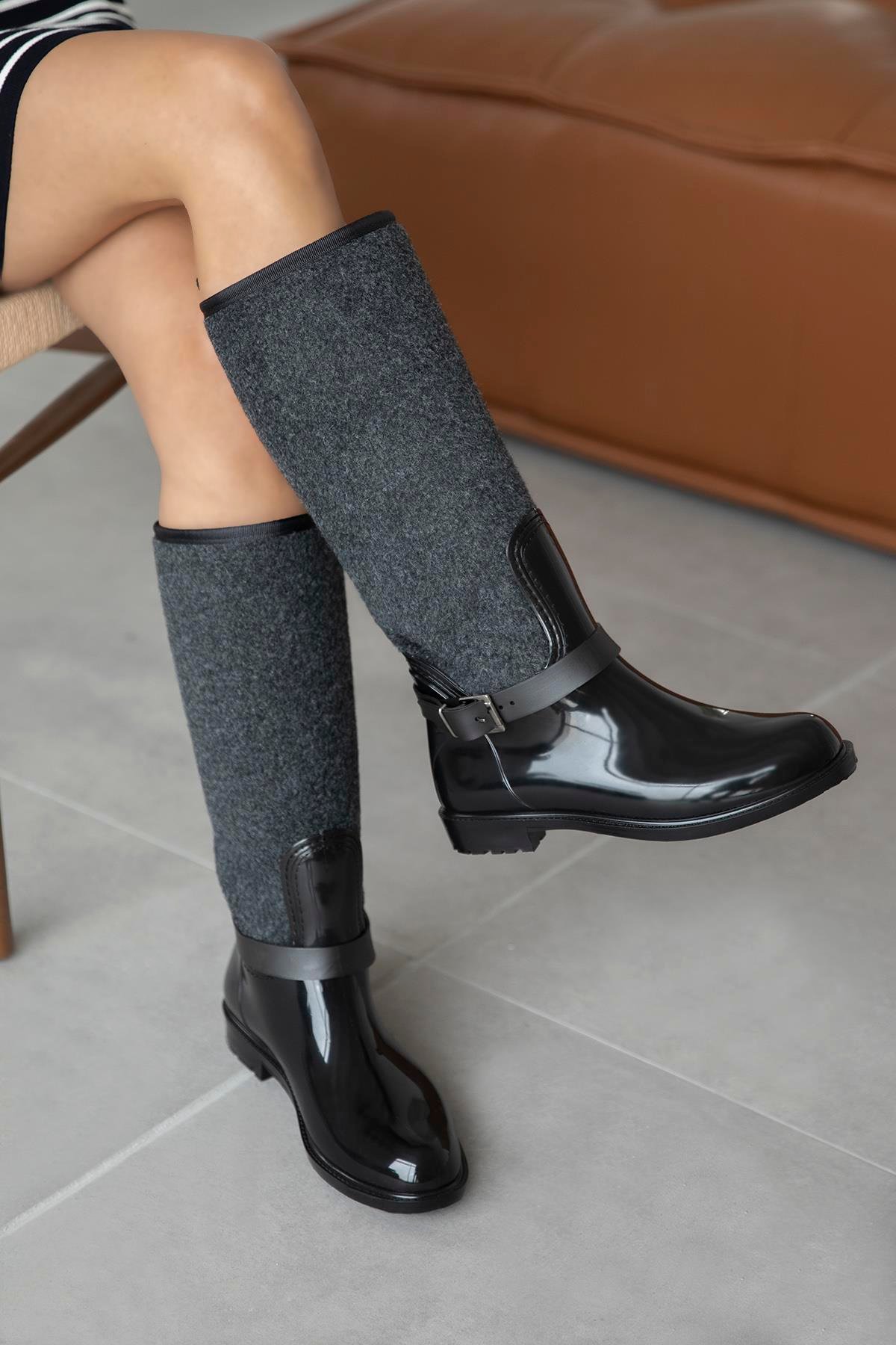 Anders   Kemer Detaylı   Kadın Yağmur  Çizme Gri