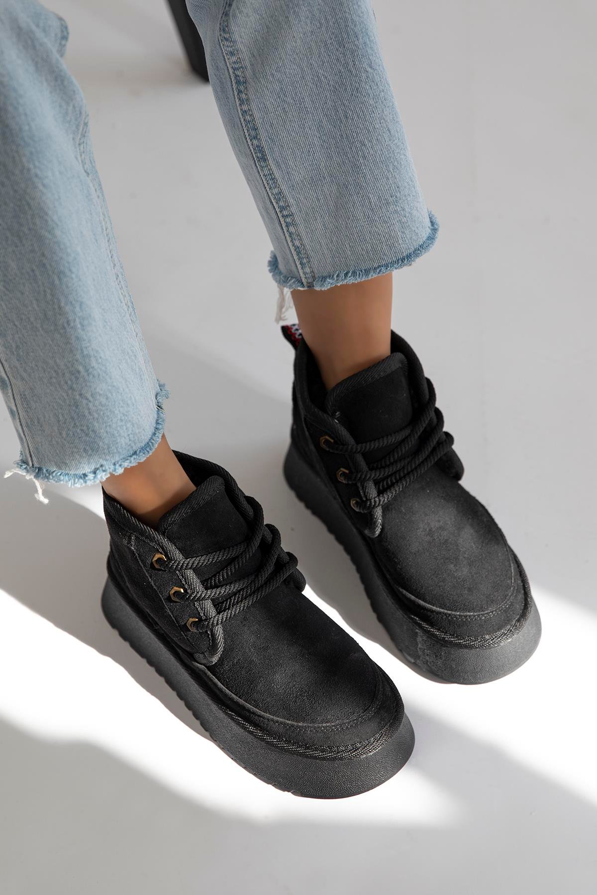 Ansel  Kadın  İçi Tüylü Kalın Taban  Süet  Bot Siyah