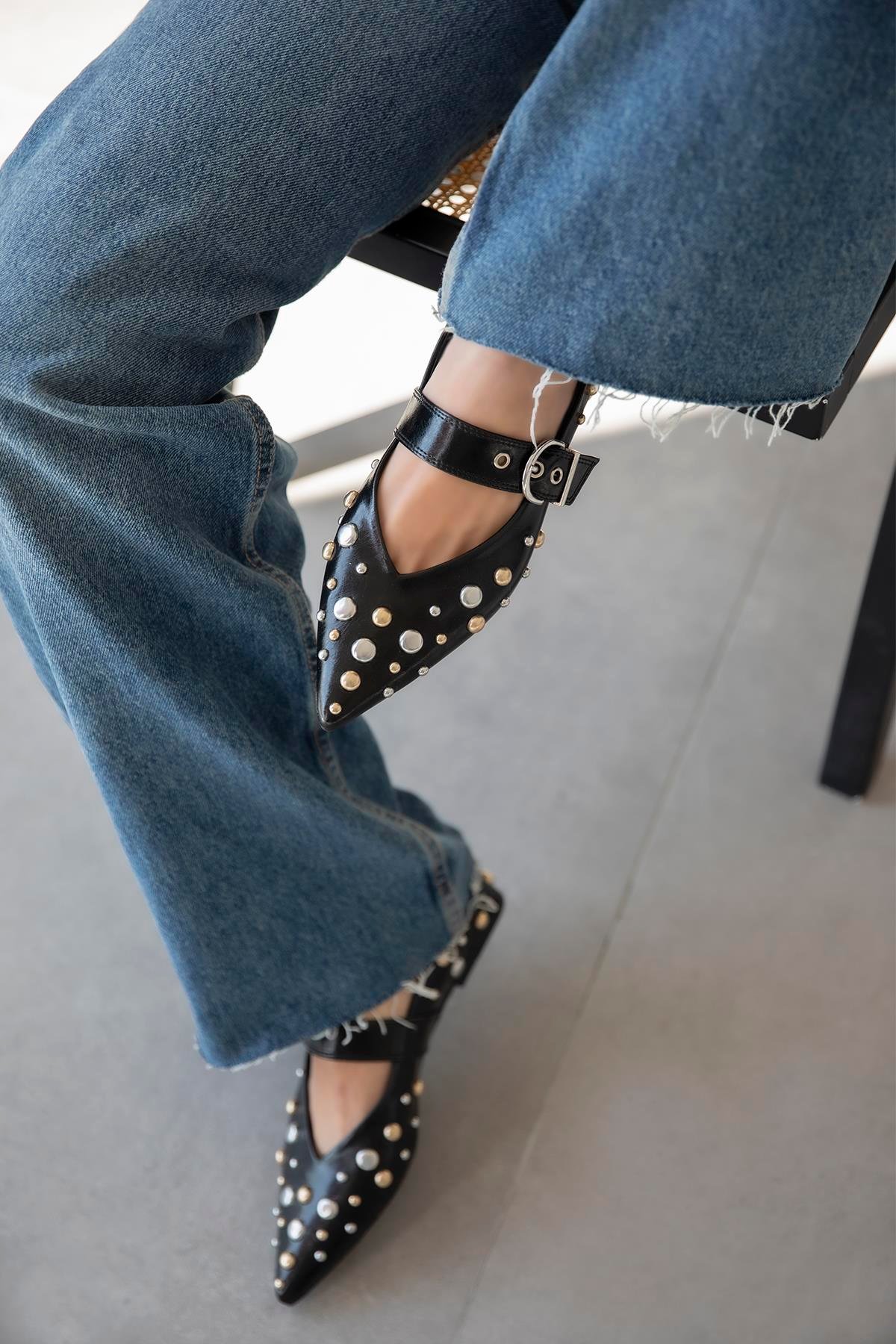 Aqua  Kadın  Drop  Detay  Deri  Babet Siyah