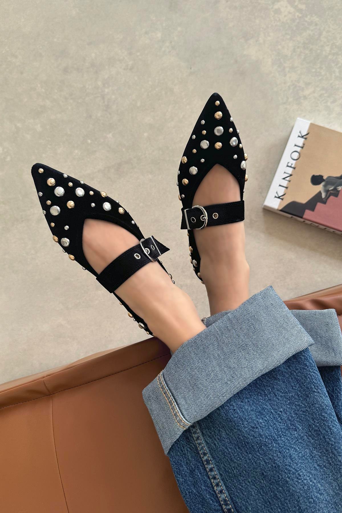 Aqua Kadın Drop Detay Kadife Babet Siyah