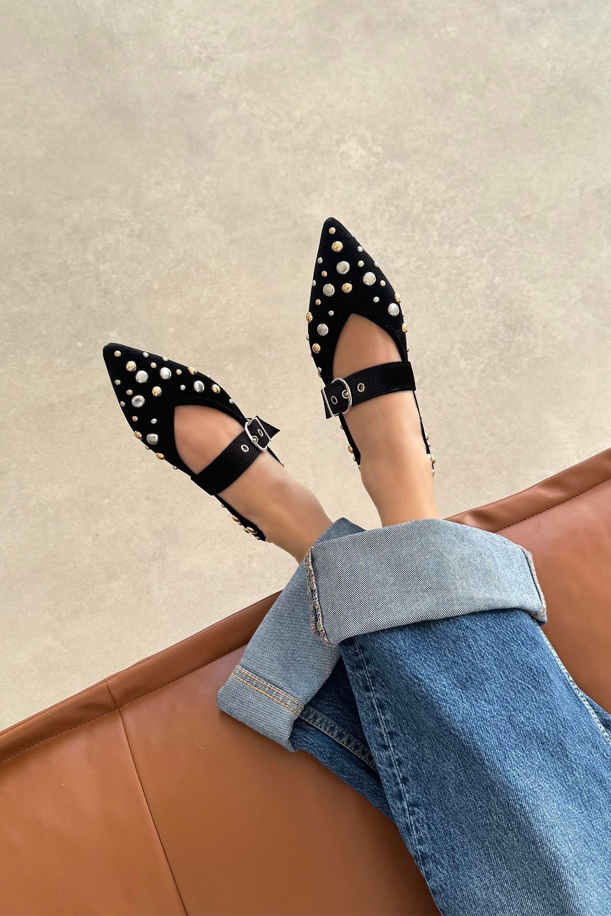 Aqua Kadın Drop Detay Kadife Babet Siyah