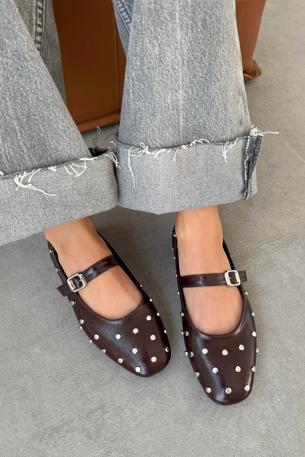 Azure Kadın Drop Detay Kırışık Deri Babet Bordo