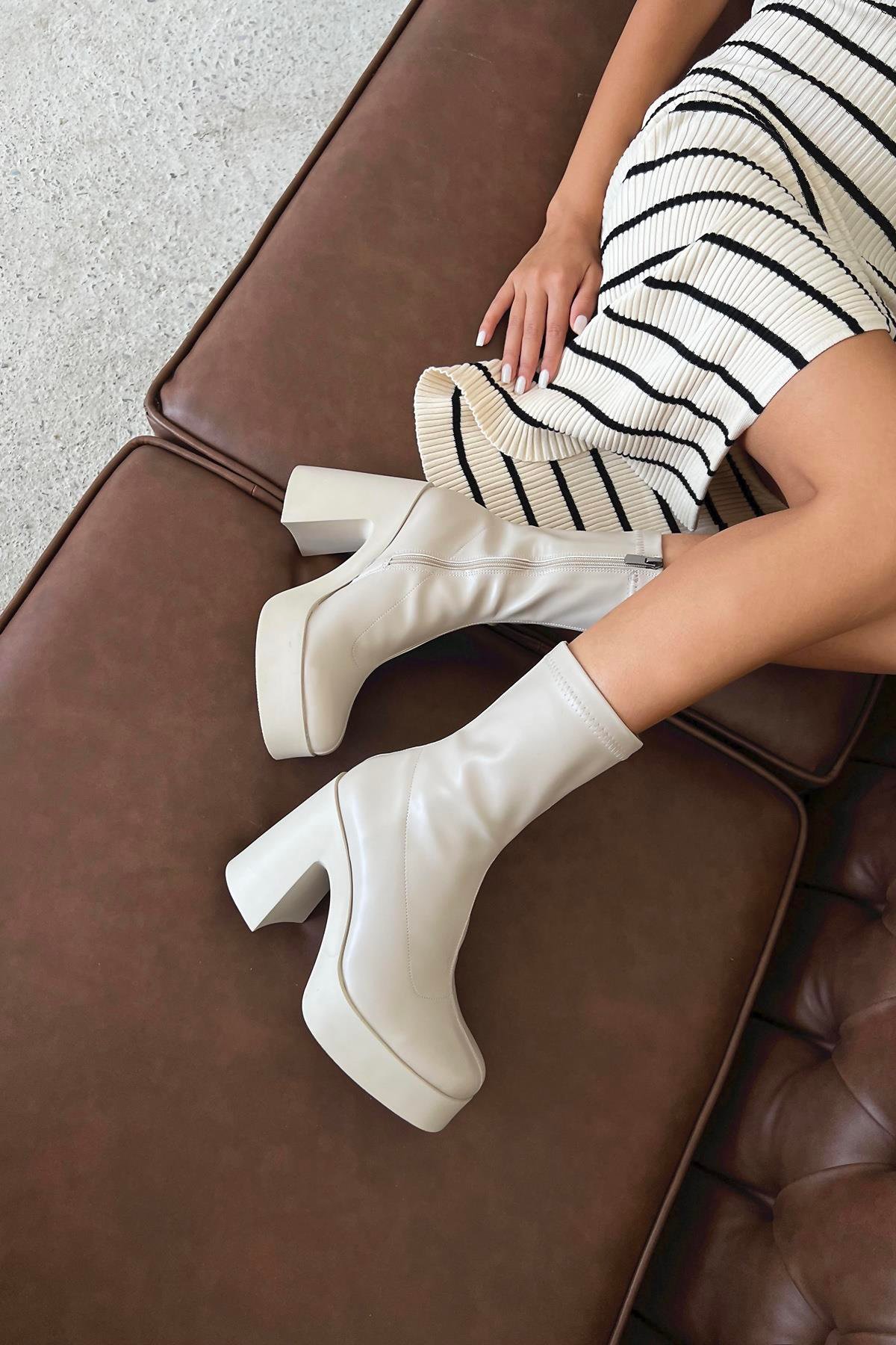 Balli Kadın Platform Topuk  Deri  Bot Bej