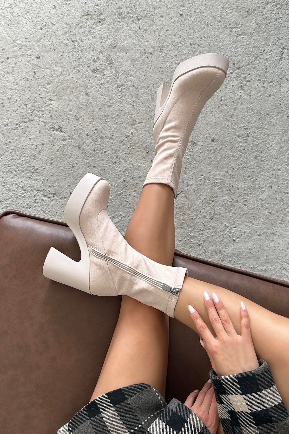 Balli Kadın Platform Topuk  Streç Bot Bej