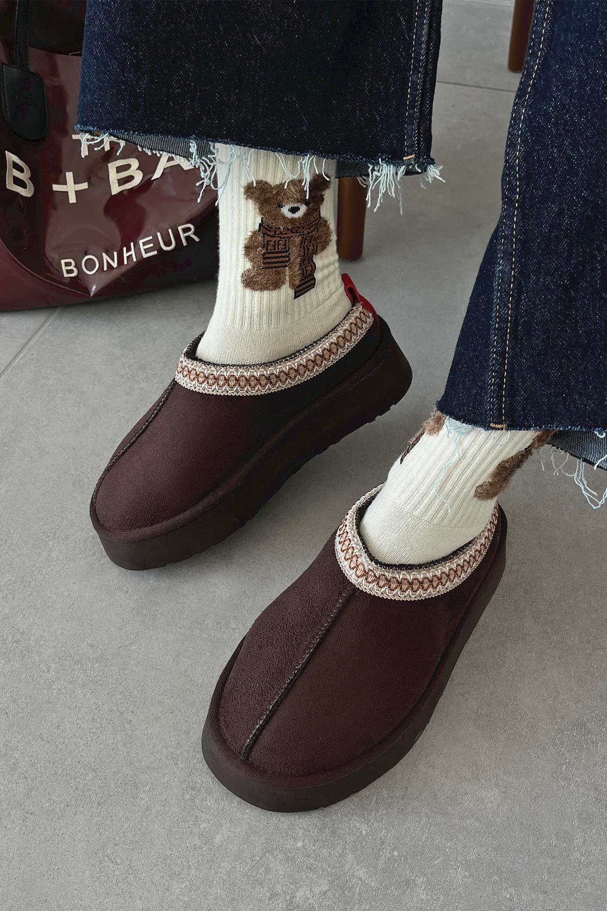 Belis Kadın Düz Taban Ev Terliği Kahve