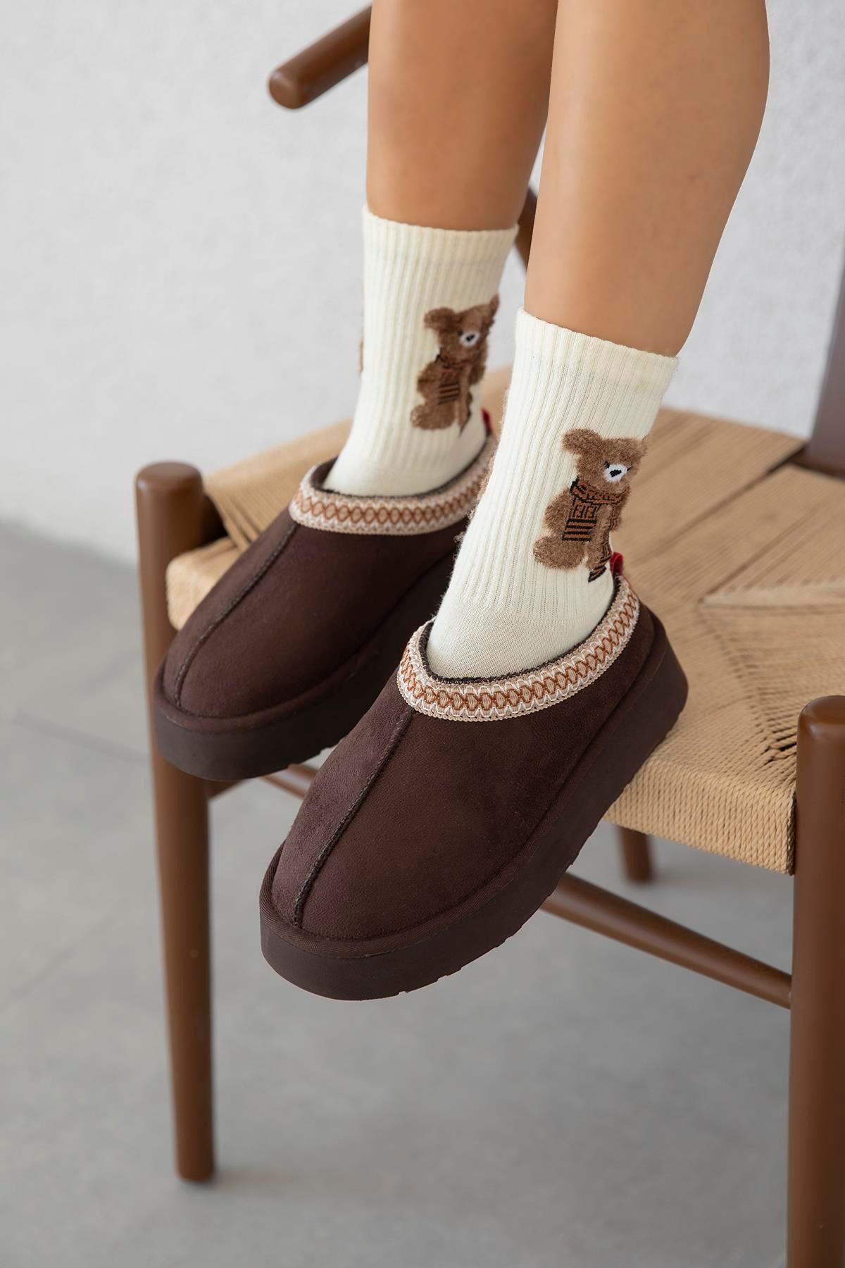 Belis Kadın Düz Taban Ev Terliği Kahve