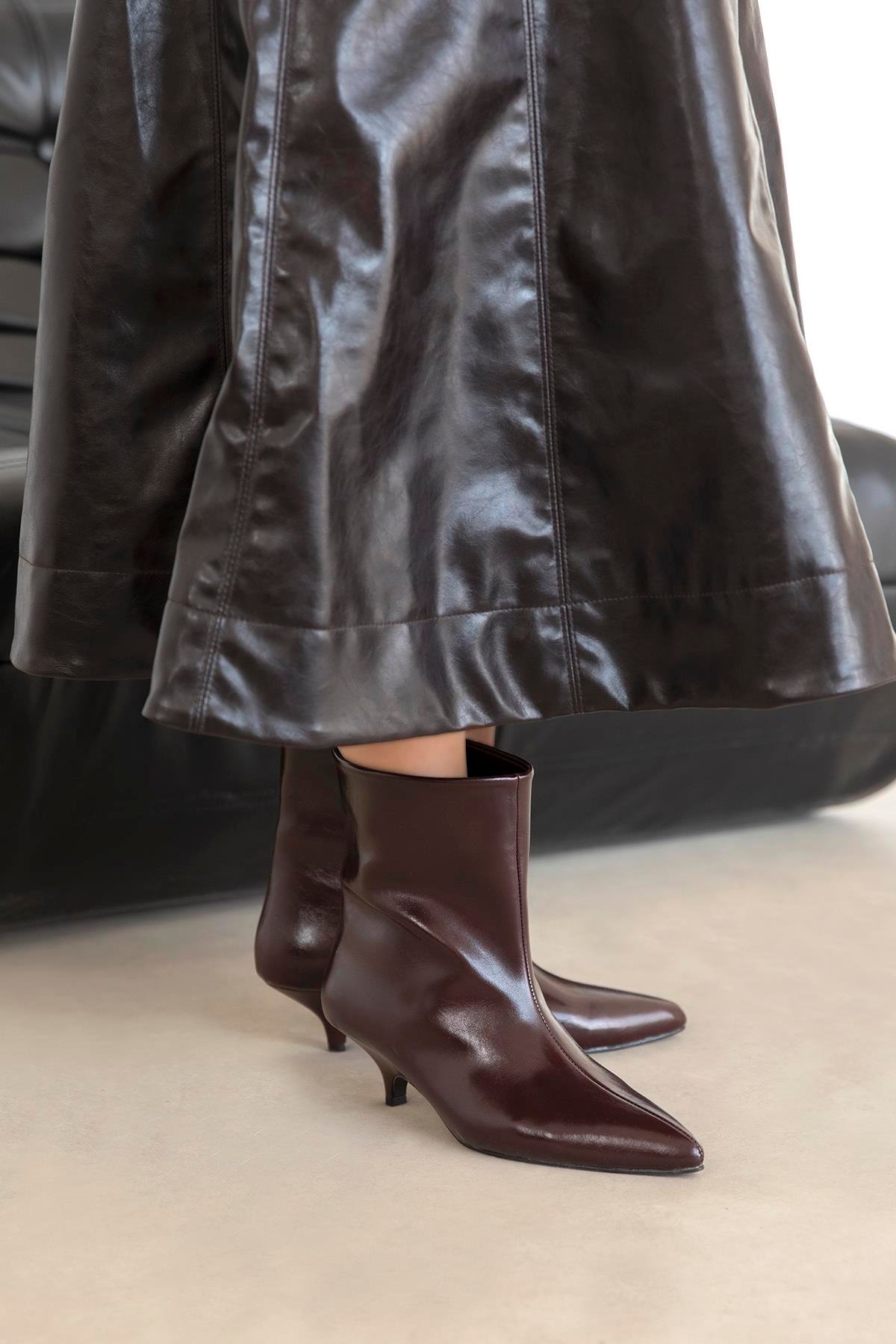 Bella Kadın Pino Ökçe Kırışık Deri Bot Bordo