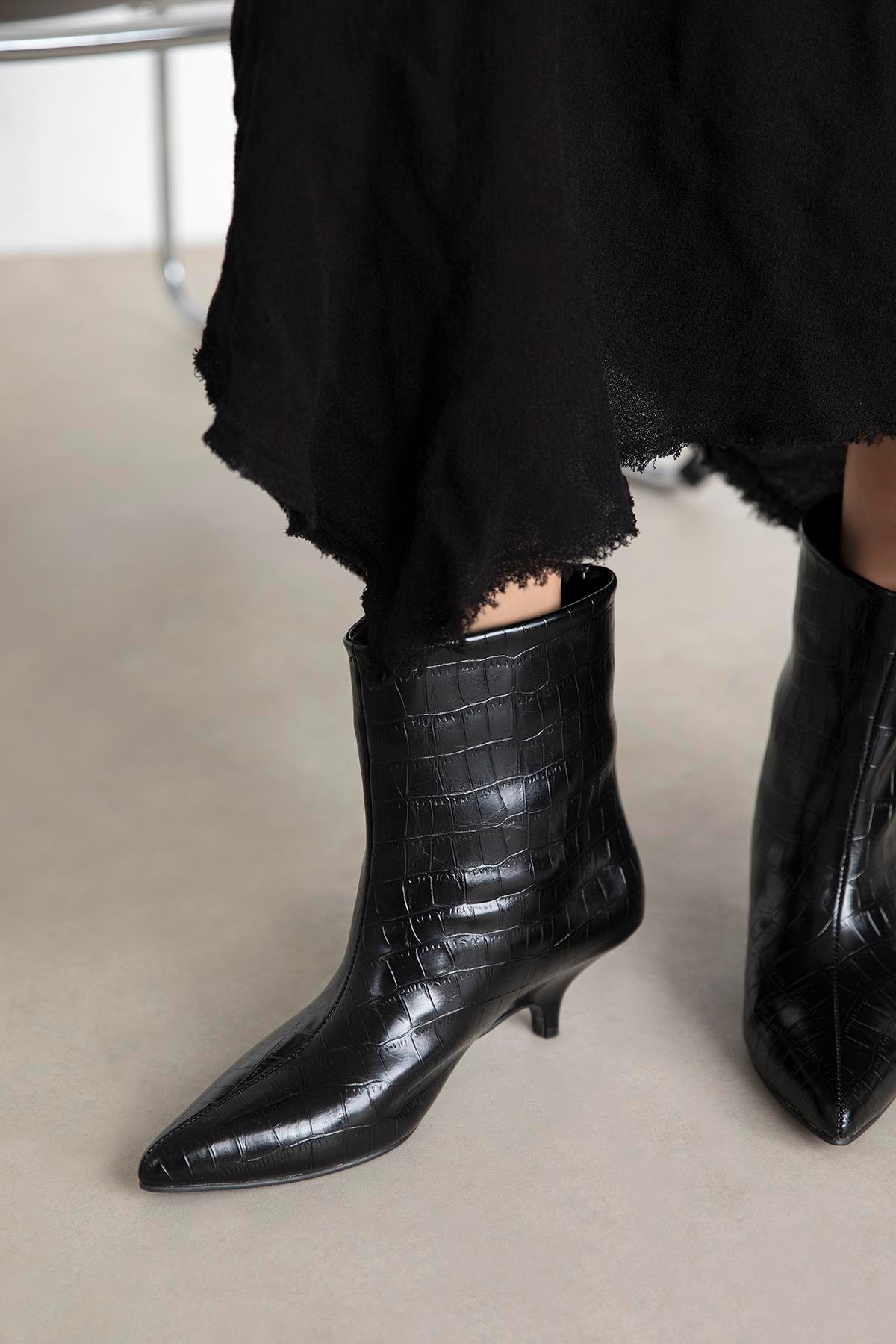 Bella Kadın Pino Ökce Kroko  Deri Bot Siyah