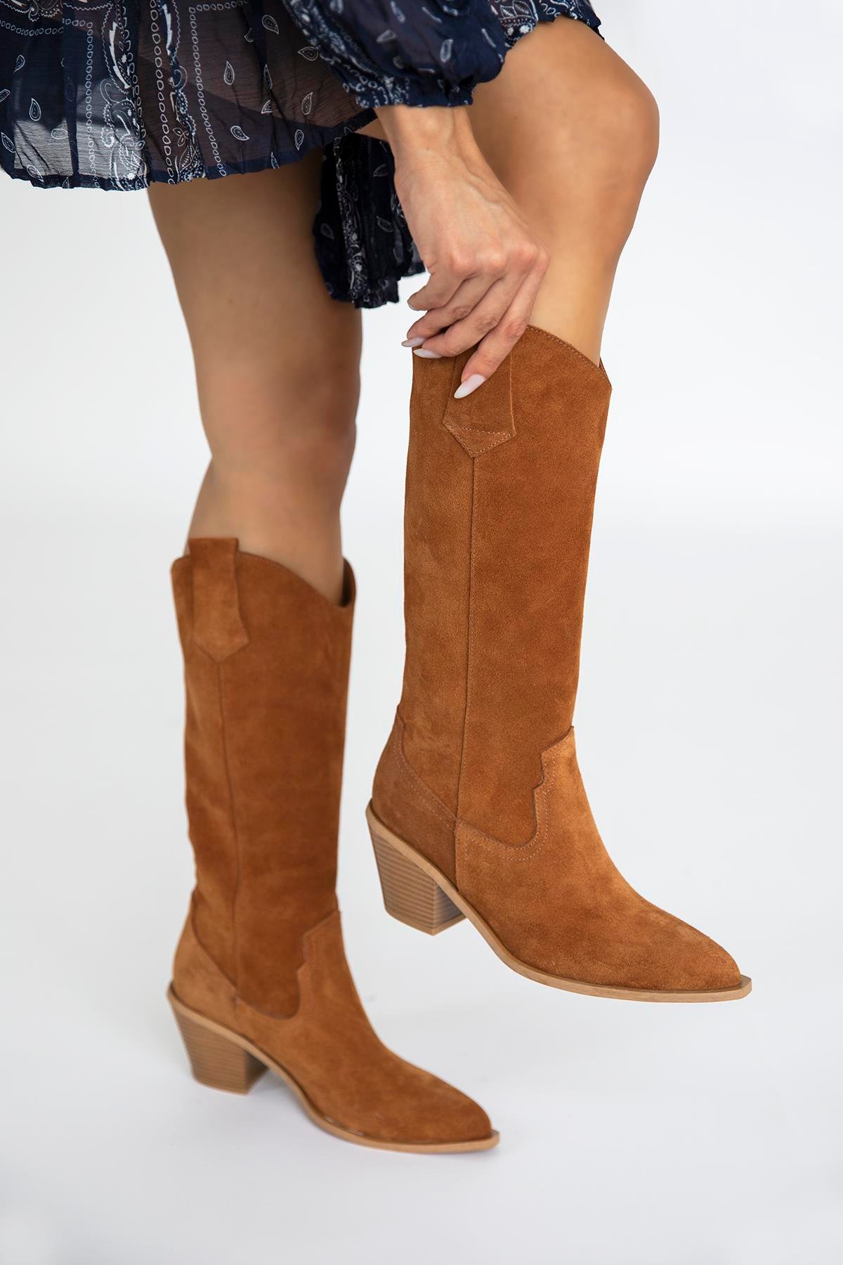 Belt  Kadın  Sivri  Burun Hakiki Deri  Süet  Çizme Taba