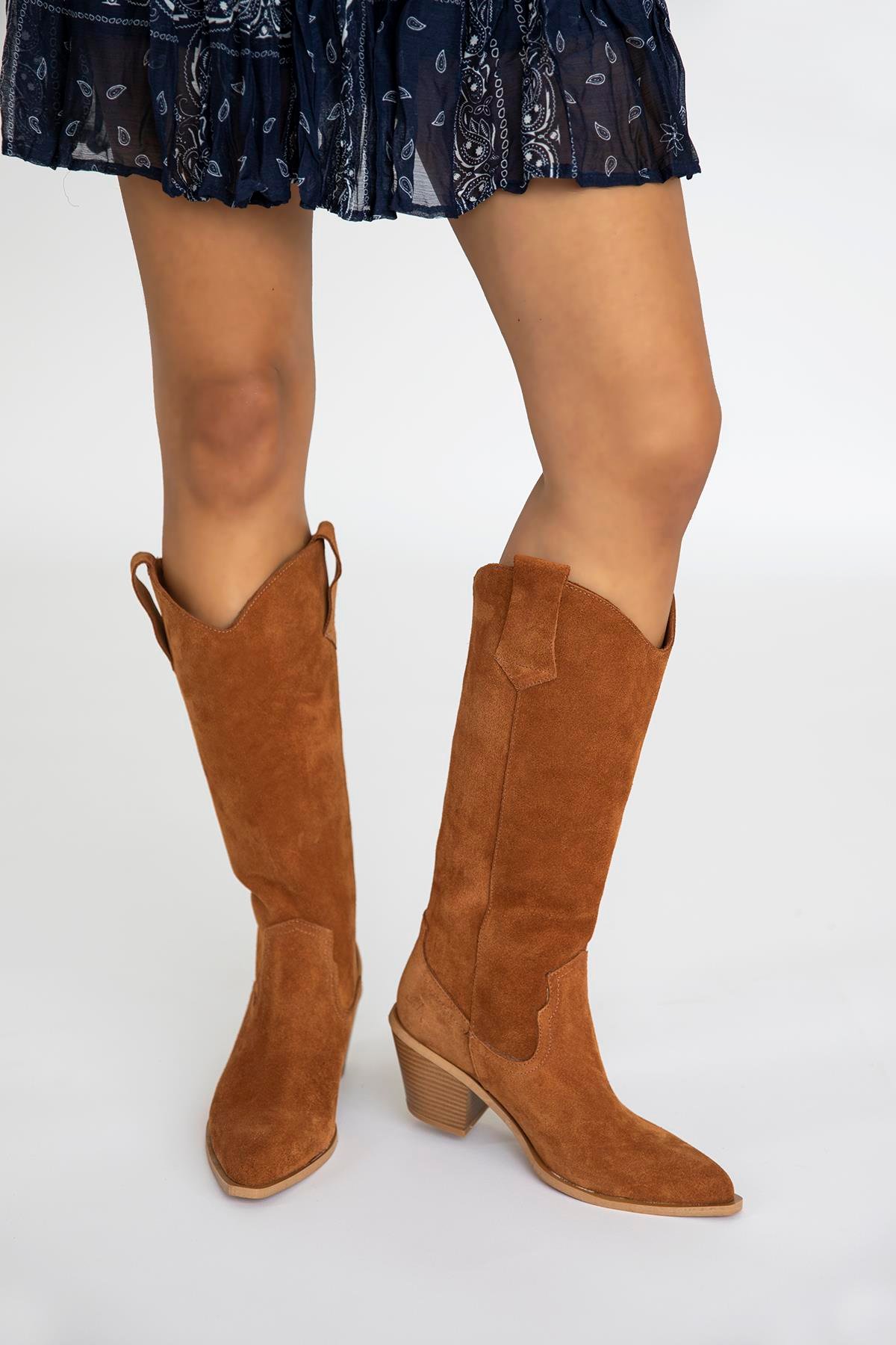 Belt  Kadın  Sivri  Burun Hakiki Deri  Süet  Çizme Taba