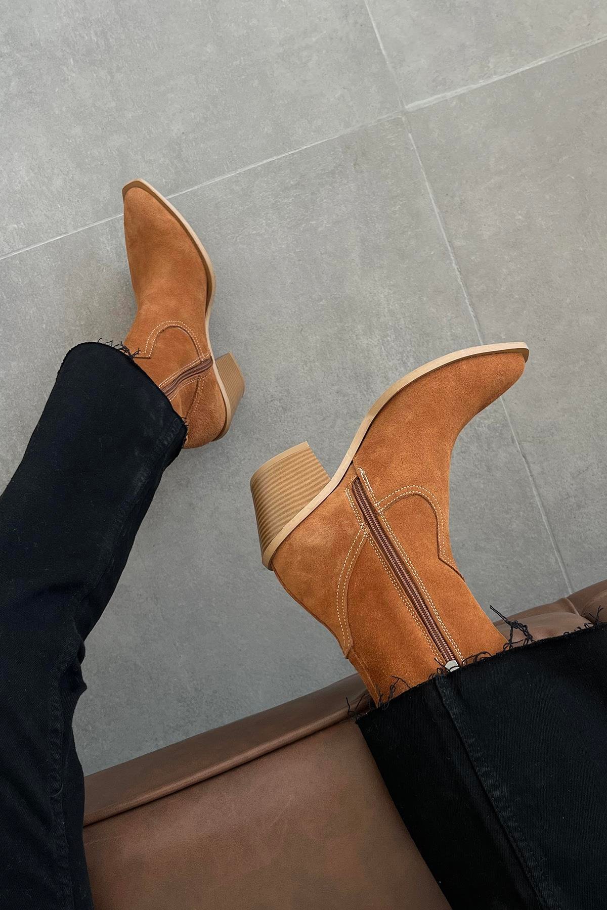 Cameron Kadın Hakiki Deri Süet Topuklu Deri Bot Taba