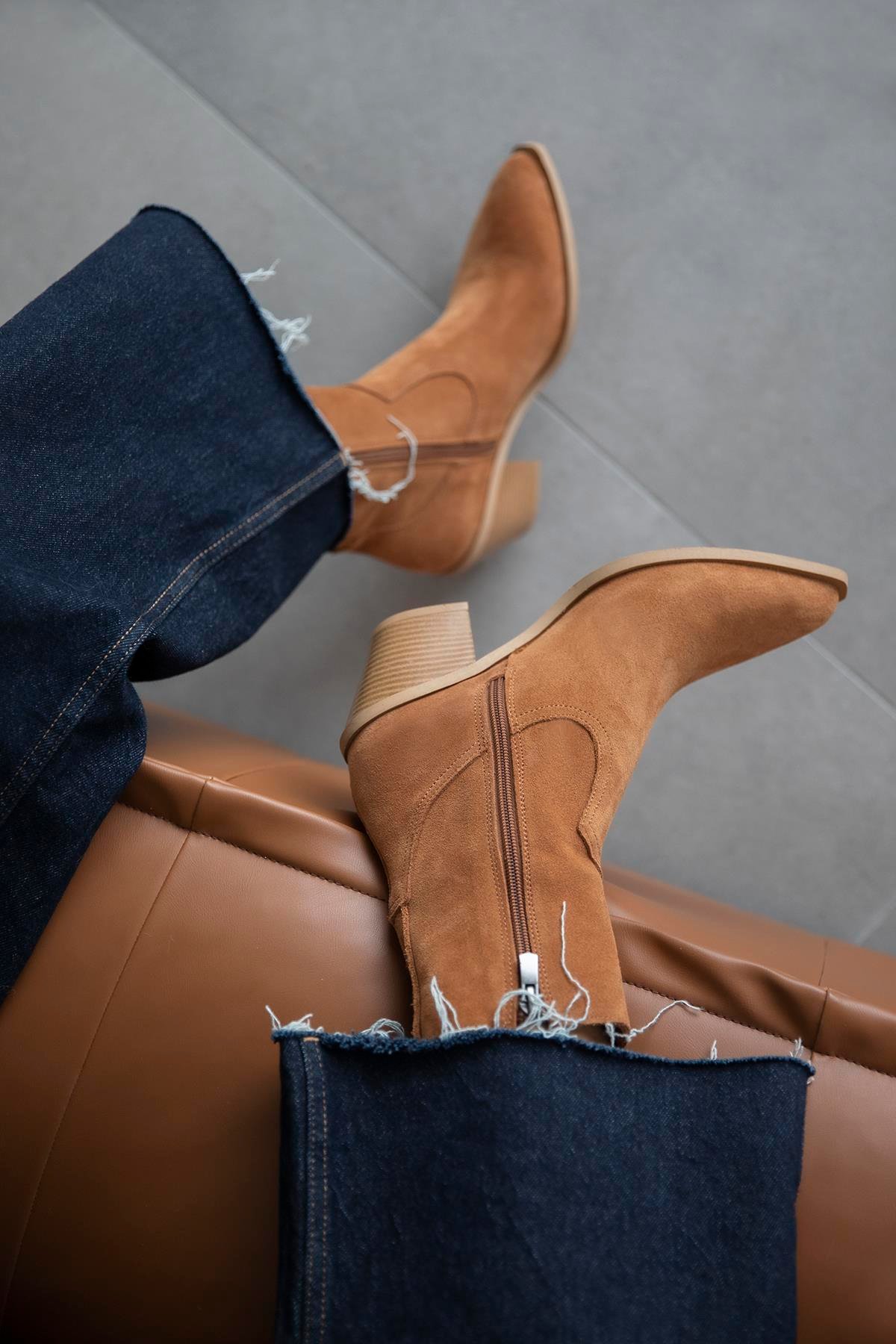 Cameron Kadın Hakiki Deri Süet Topuklu Deri Bot Taba