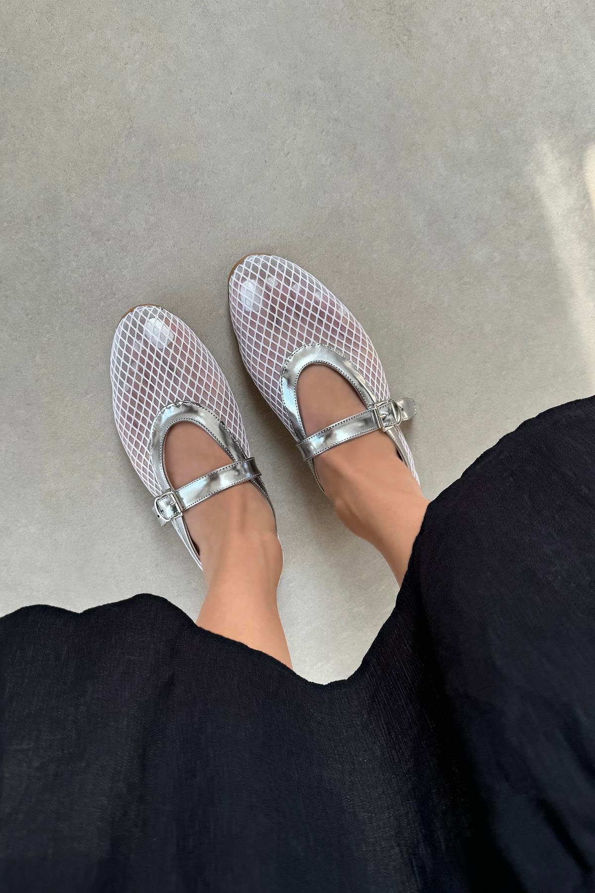 Carol Kadın File Detay Dantel Babet Beyaz-Gümüş