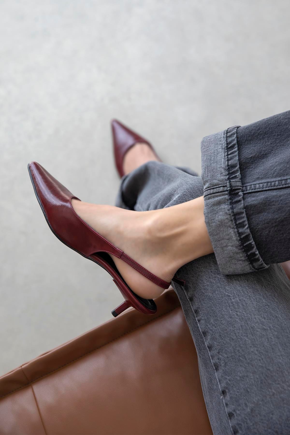 Cuesta  Kadın Topuklu Kırışık Deri Ayakkabı Açık Bordo