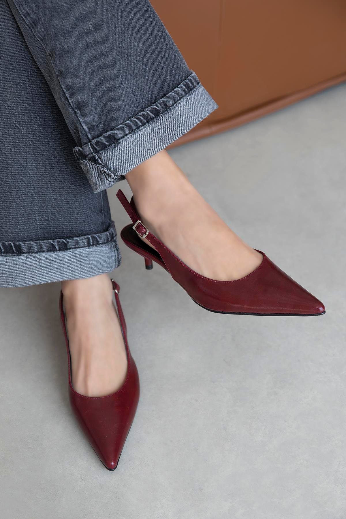 Cuesta  Kadın Topuklu Kırışık Deri Ayakkabı Açık Bordo