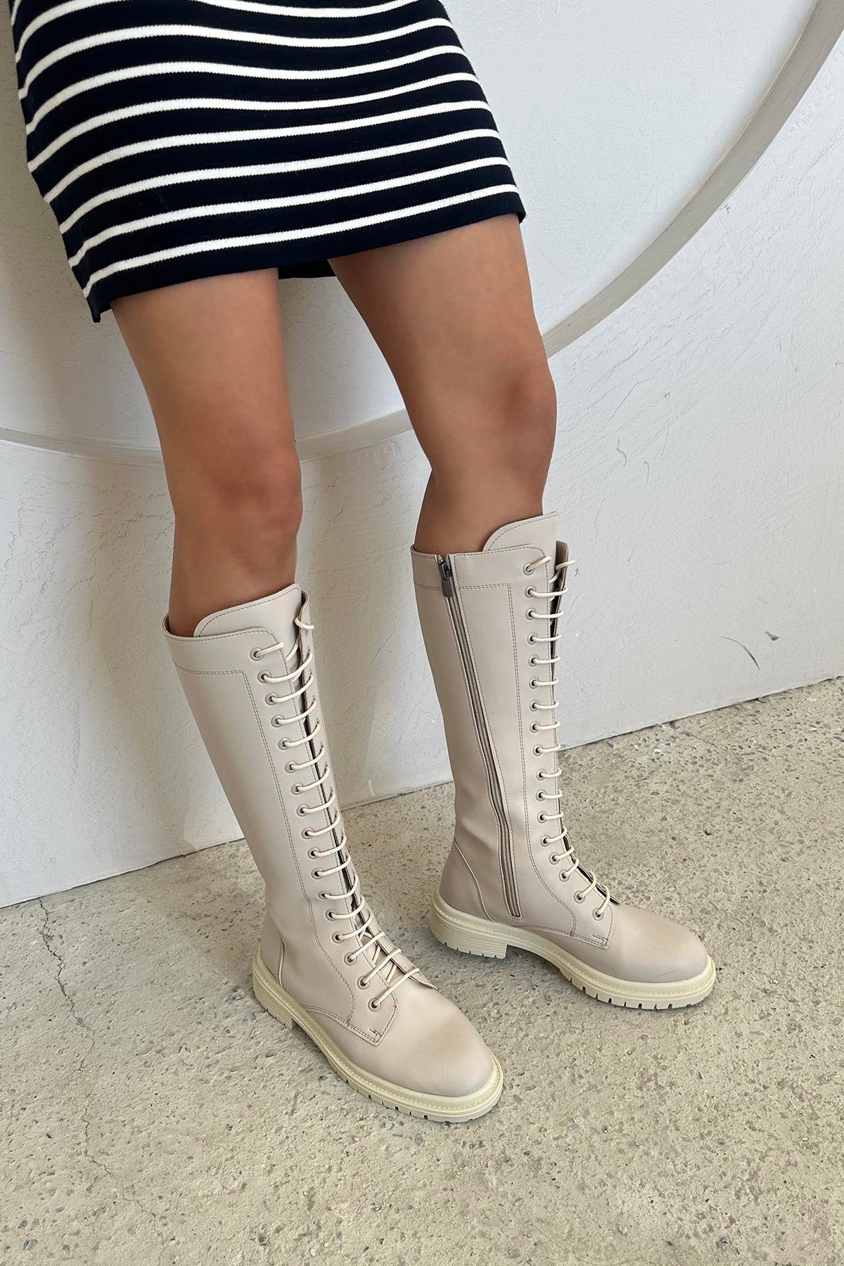 Darwin Kadın  Bağcıklı  Deri  Postal  Çizme Bej